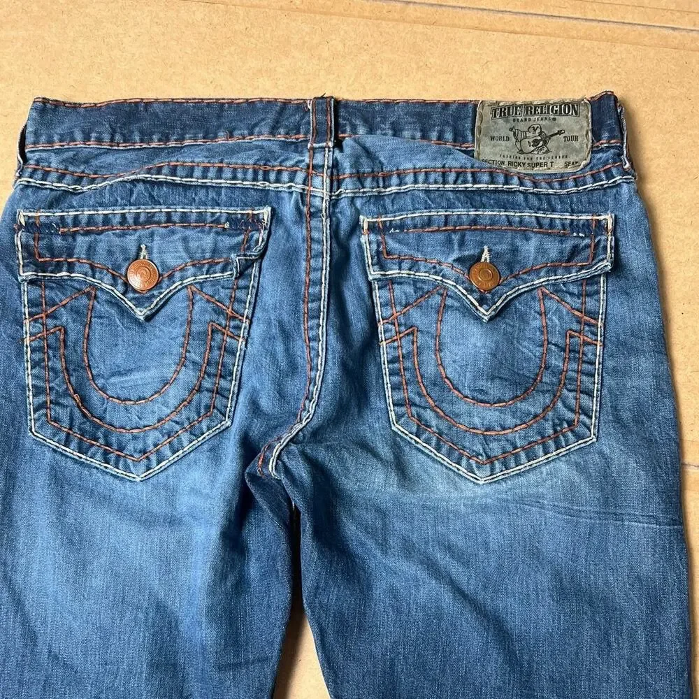 True Religion Men's Ricky Super T Jeans Size 38x28 Medium Wash Distressed Y2K